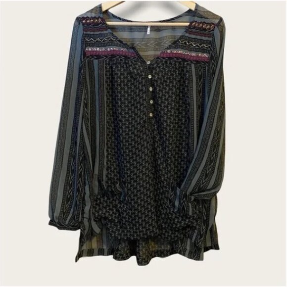 FREE PEOPLE Feather in the Wind Grey Black Sheer Long Sleeve Boho Blouse Beads S - Picture 8 of 13